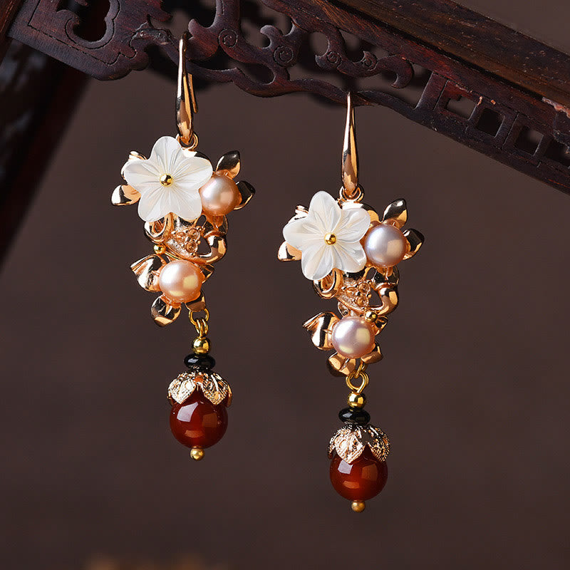 Buddha Stones 14K Gold Plated Tridacna Stone Flower Pearl Green Aventurine Bead Drop Earrings - White Tridacna Stone Flower Pearl Red Bead - image 8