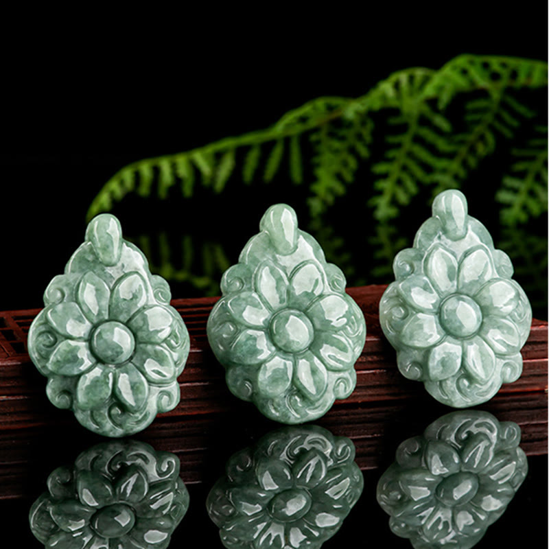 Buddha Stones Natural Jade Kalanchoe blossfeldiana Flower Pattern Luck Necklace Pendant - image 7