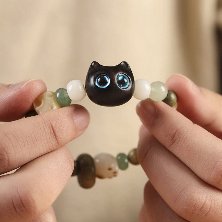 Buddha Stones Bodhi Seed Green Sandalwood Ebony Wood Small Leaf Red Sandalwood Cat Head Paw Claw Peace Bracelet - image 3