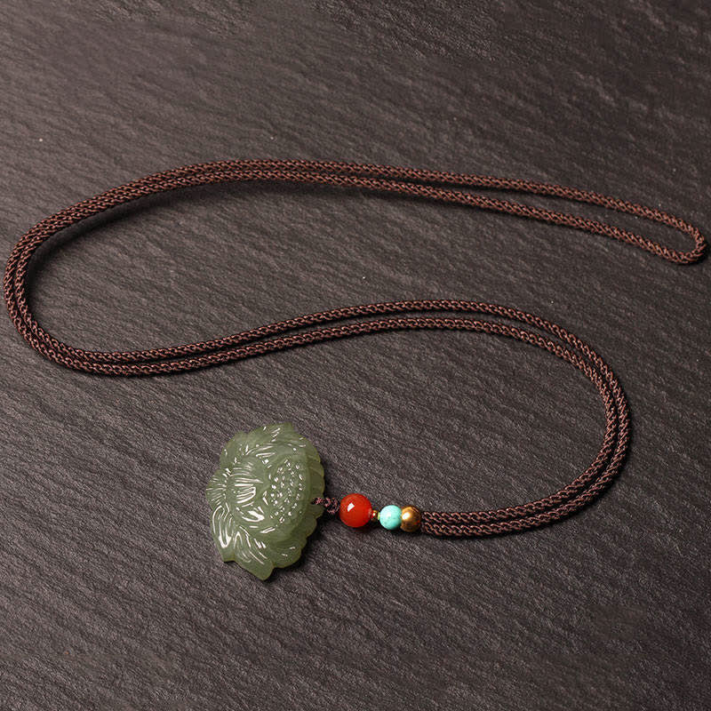 Buddha Stones Hetian Cyan Jade Lotus Flower Success Necklace Pendant - image 3