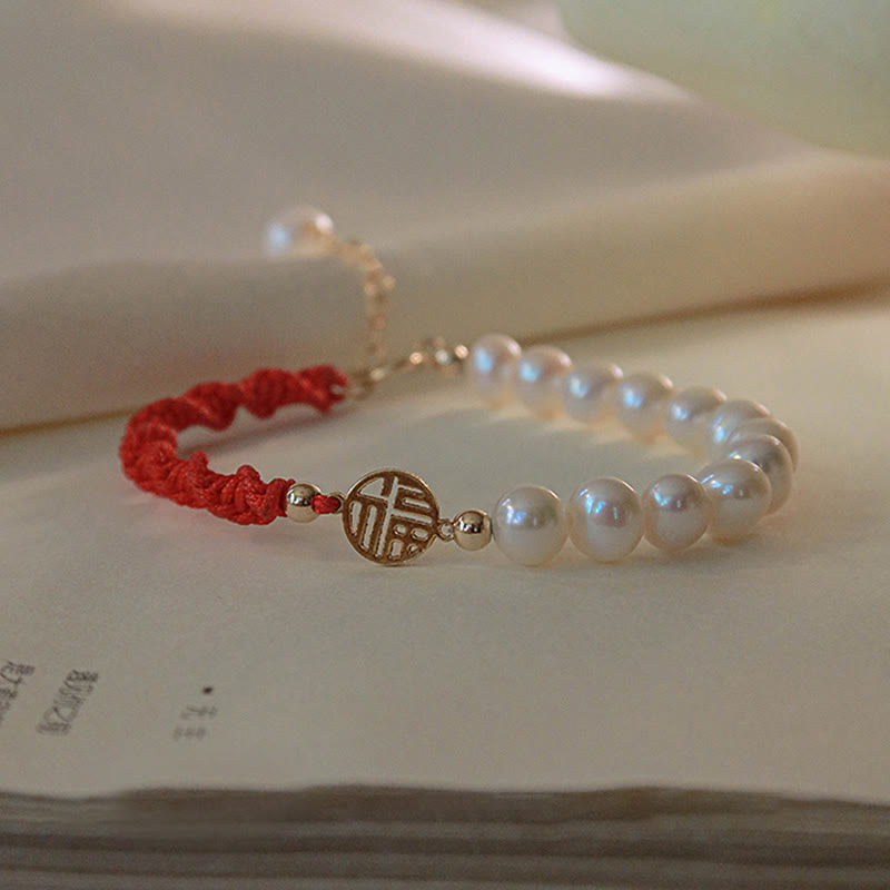 Buddha Stones 14K Gold Plated Pearl Bead Luck Protection Braid Red String Bracelet - image 19
