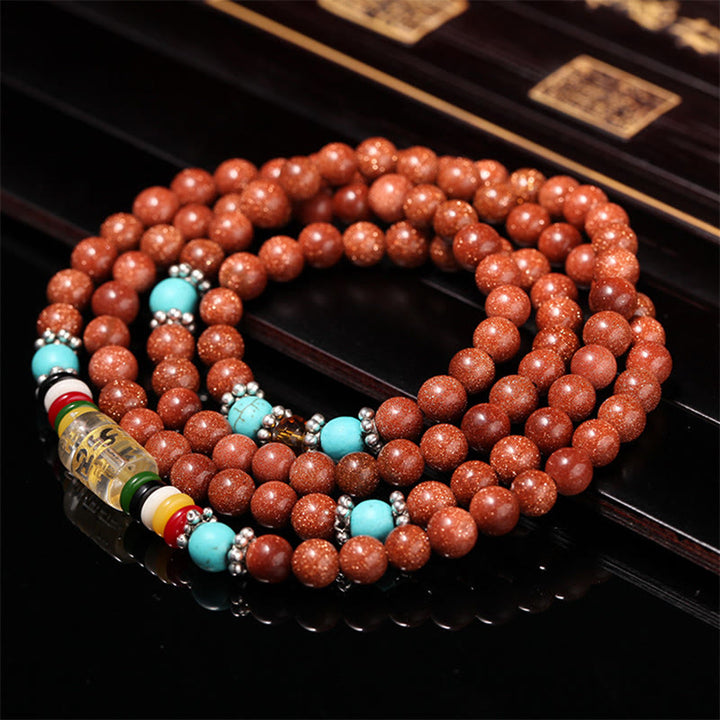 Buddha Stones 108 Mala Beads Goldstone Om Mani Padme Hum Swastika Confidence Bracelet - image 6