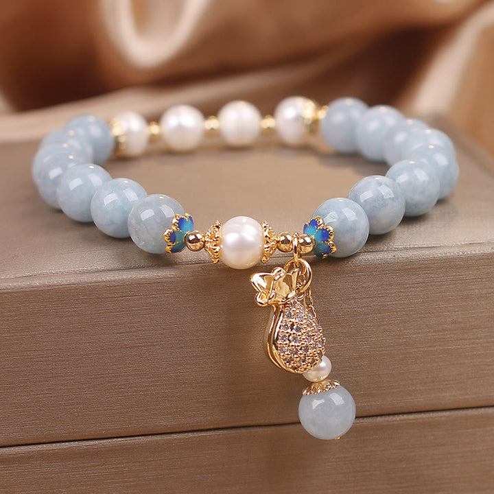 Buddha Stones Aquamarine Pearl Fortune Money Bag Charm Bracelet - Aquamarine - image 0
