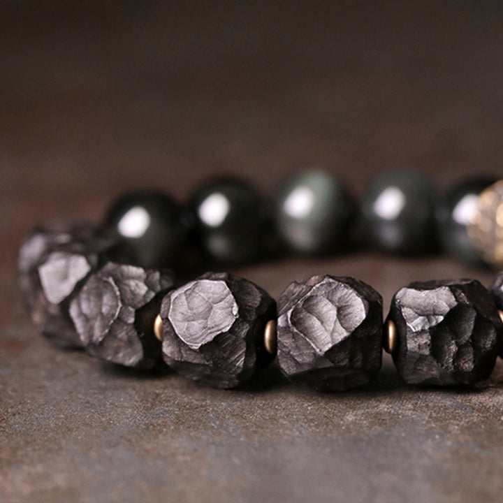Buddha Stones Black Obsidian Ebony Wood Copper Strength Couple Bracelet - image 5