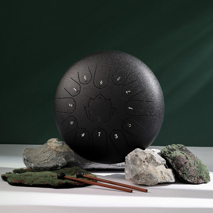 Buddha Stones Steel Tongue Drum Sound Healing Mindfulness Lotus Pattern Yoga Drum Kit 13 Note 12 Inch Percussion Instrument - DarkGray - image 2