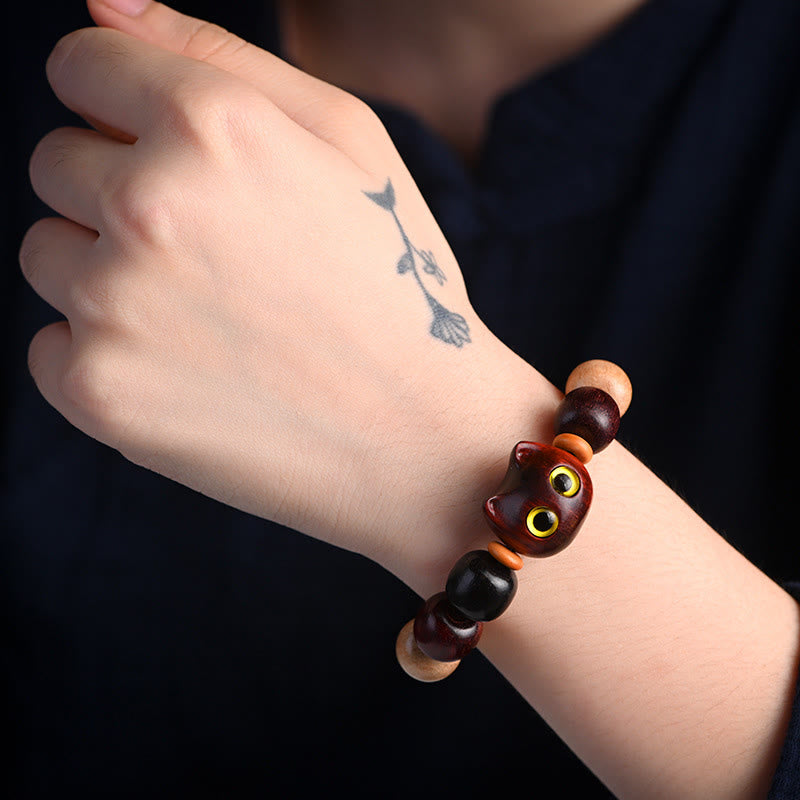 Buddha Stones Small Leaf Red Sandalwood Ebony Wood Cute Cat Engraved Protection Bracelet - image 19