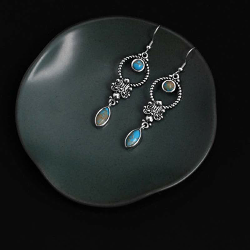 Buddha Stones 925 Sterling Silver Hook Vintage Copper Plated Silver Turquoise Waterdrop Pattern Balance Drop Dangle Earrings - image 6