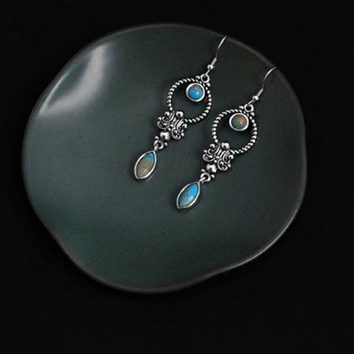 Buddha Stones 925 Sterling Silver Hook Vintage Copper Plated Silver Turquoise Waterdrop Pattern Balance Drop Dangle Earrings - image 6