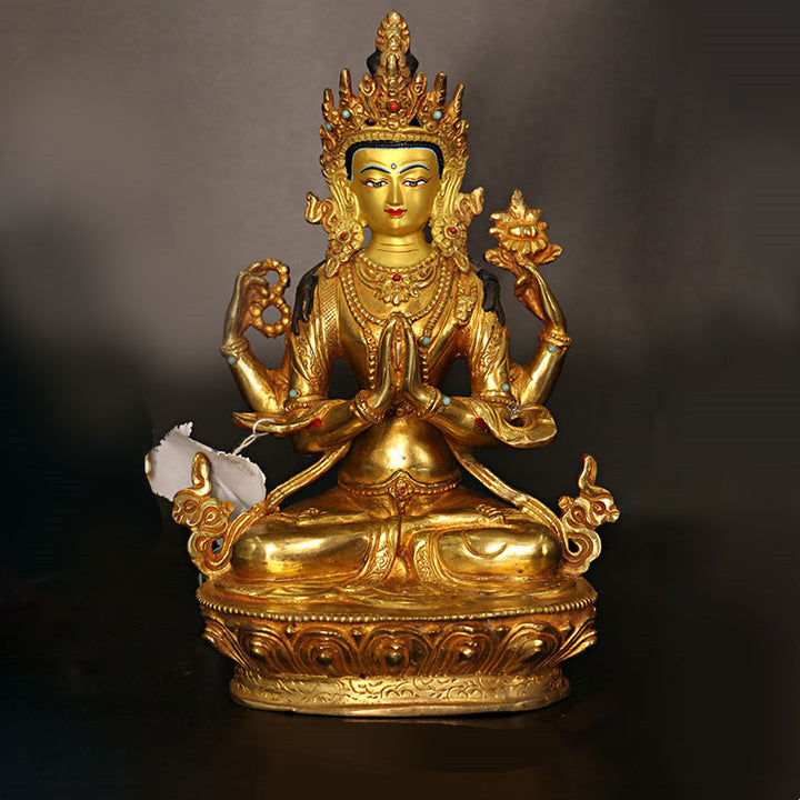 Buddha Stones Bodhisattva Tara Chenrezig Four-armed Avalokitesvara Protection Copper Gold Plated Statue Decoration - image 5