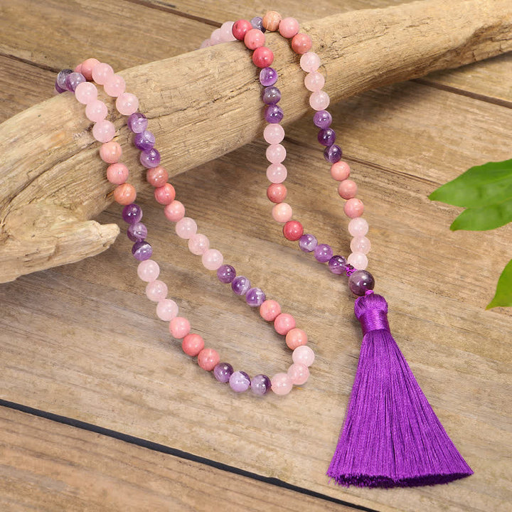 Buddha Stones 108 Mala Beads Amethyst Rose Quartz Spiritual Healing Tassel Bracelet - image 1
