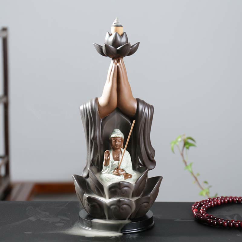 Buddha Avalokitesvara Chenrezig Ksitigarbha Ceramic Lotus Blessing Backflow Incense Burner - Buddha Sakyamuni - image 5