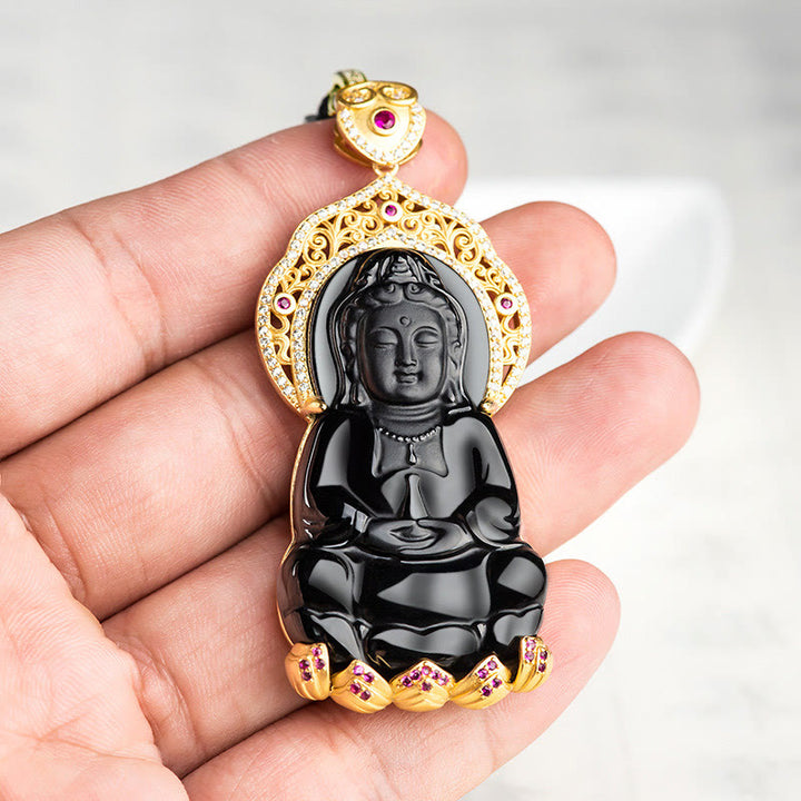 Buddha Stones Natural Black Jade Kwan Yin Avalokitesvara Wealth Titanium Steel Chain Necklace Pendant - image 2