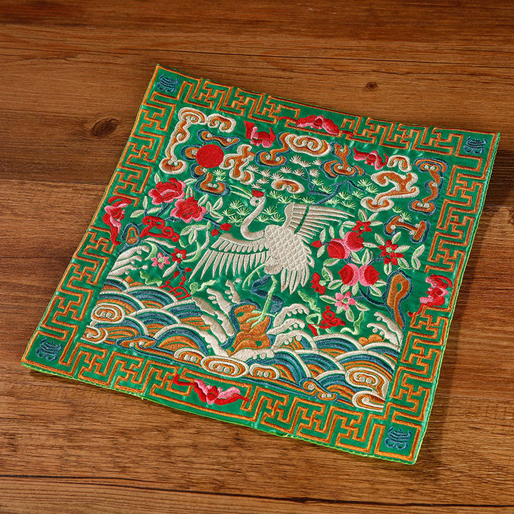 Buddha Stones Crane Phoenix Dragon Kirin Embroidered Cup Mat Pad Tea Cup Coaster Square Kung Fu Tea Mat - Green White Crane - image 12