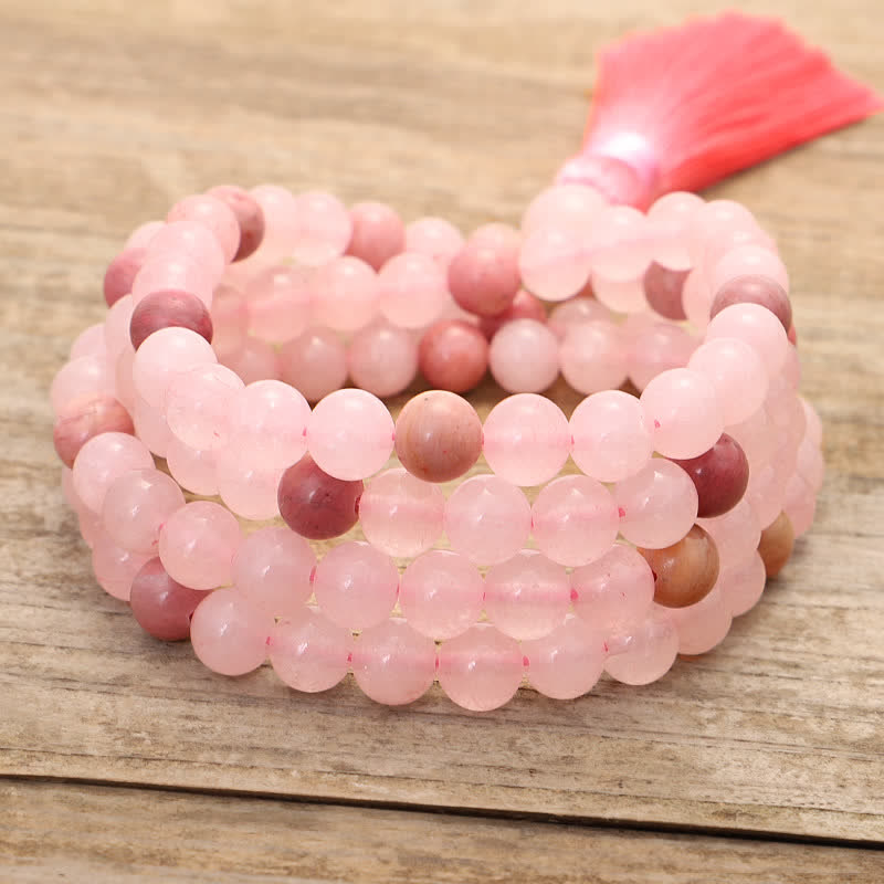Buddha Stones 108 Mala Beads Pink Crystal Love Tassel Bracelet - image 9