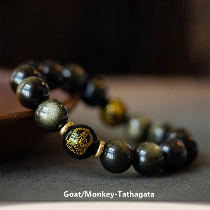 Buddha Stones Chinese Zodiac Natal Buddha Gold Sheen Obsidian Wealth Protection Bracelet - Goat/Monkey-Tathagata - image 14