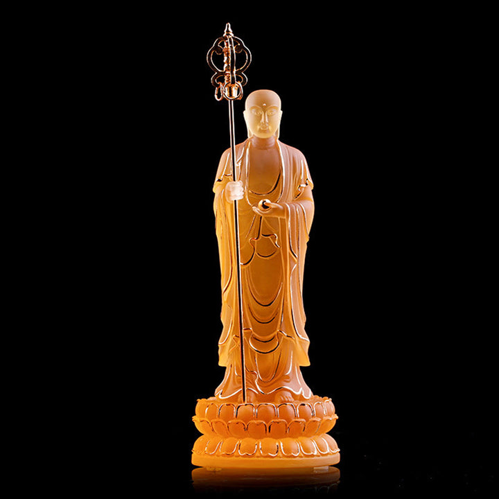 Buddha Stones Handmade Ksitigarbha Bodhisattva Figurine Liuli Crystal Art Piece Serenity Statue Home Decoration - Amber Color&Gold 7.8*7.8*20cm - image 6