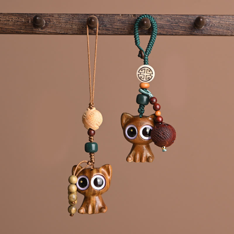 Buddha Stones Green Sandalwood Lucky Cat Koi Fish Cure Key Chain Phone Hanging Decoration - image 1