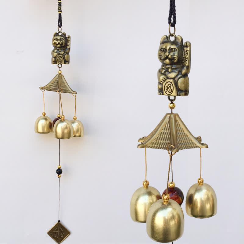 Buddha Stones Auspicious Wealth Cat Wall Hanging Chime Bell Copper Luck Handmade Home Decoration - 43cm - image 0