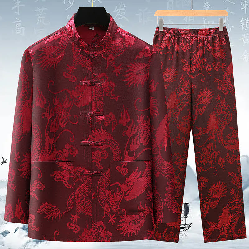 Buddha Stones Tang Suit Men Hanfu Chinese Dragon Traditional Clothes Kung Fu Shirt Uniform Long Sleeved Coat Tops and Pants Clothing Men's Set - Wine Red - US/UK/AU42，EU52 (3XL) - image 14