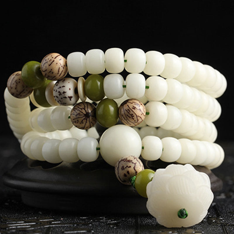 Buddha Stones White Jade Bodhi Lotus Mala Harmony Necklace Bracelet - image 12