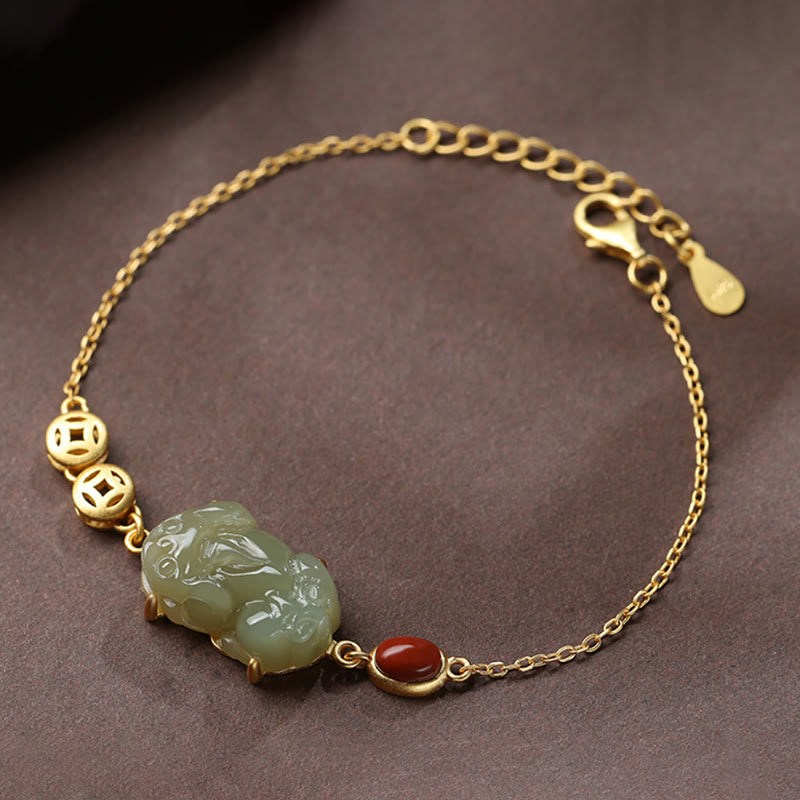Buddha Stones Cyan Jade PiXiu Copper Coin Red Agate Success Chain Bracelet - Jade(Prosperity♥Abundance) - image 4