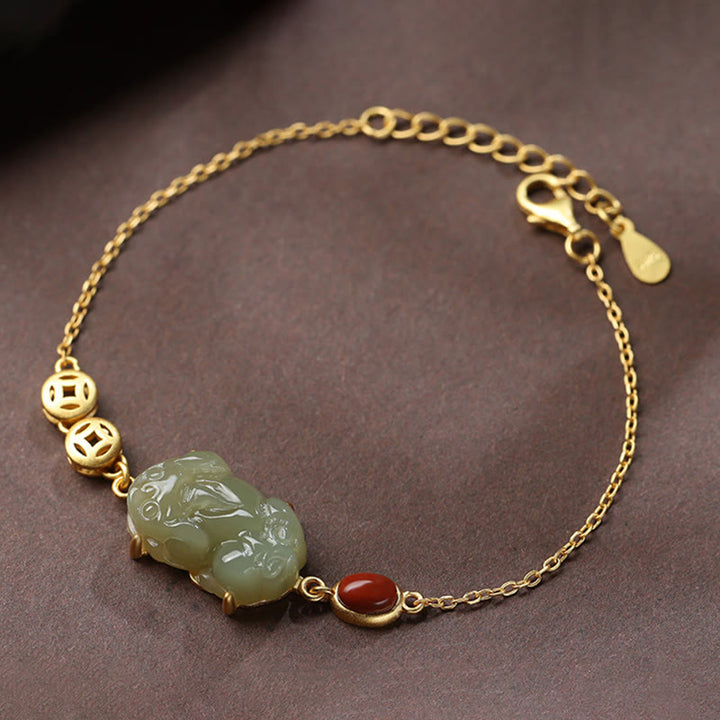 Buddha Stones Cyan Jade PiXiu Copper Coin Red Agate Success Chain Bracelet - Jade(Prosperity♥Abundance) - image 4