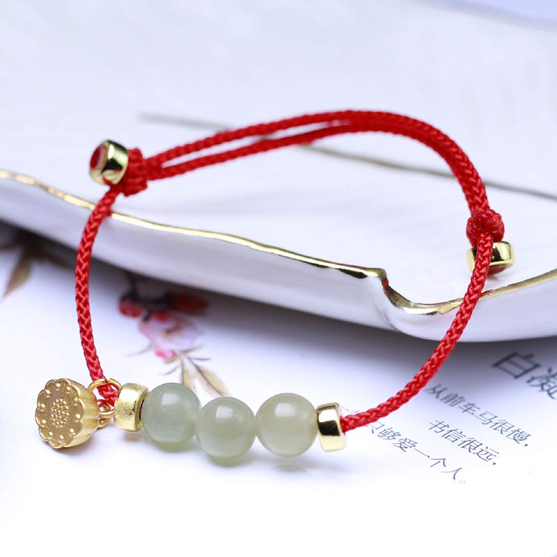Buddha Stones Natural Jade Lotus Seed Strength Red String Weave Bracelet - image 3