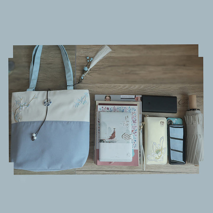 Buddha Stones Pear Flower Plum Peach Blossom Bamboo Embroidery Canvas Large Capacity Shoulder Bag Tote Bag - image 15