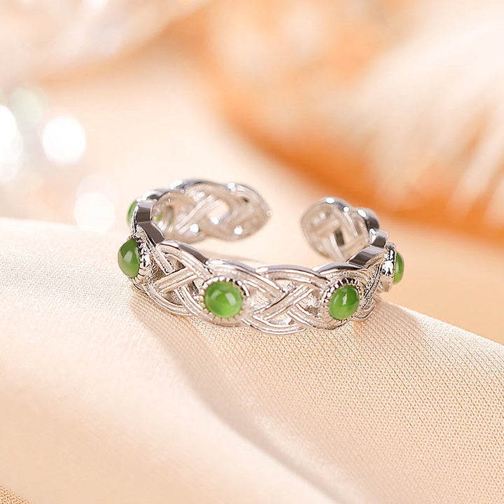Buddha Stones 925 Sterling Silver Plated Gold Cyan Jade Braided Design Success Luck Adjustable Ring - image 6