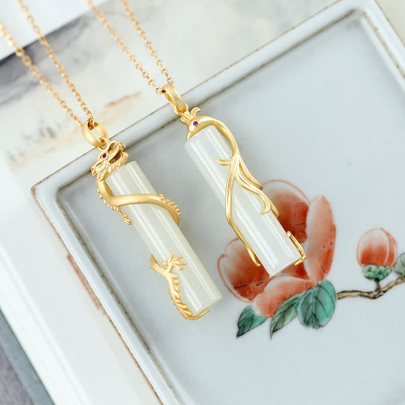 Buddha Stones Jade Dragon Phoenix Copper Protection Necklace Pendant - image 1