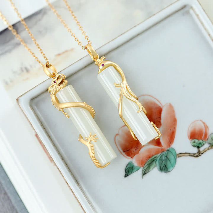 Buddha Stones Jade Dragon Phoenix Copper Protection Necklace Pendant - image 1