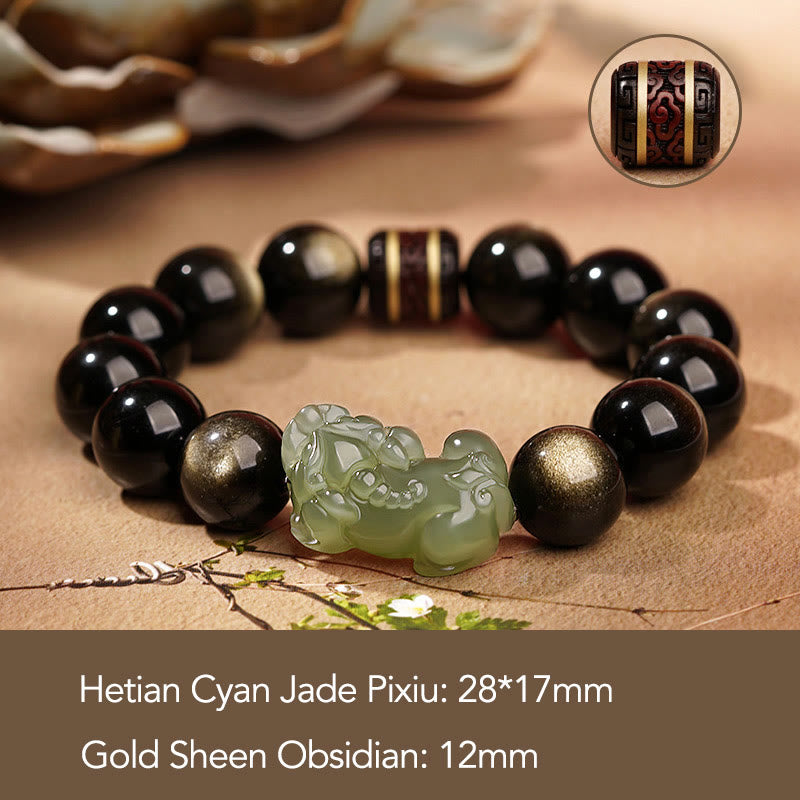 Buddha Stones Natural Gold Sheen Obsidian Hetian Cyan Jade White Jade PiXiu Wealth Bracelet - Gold Sheen Obsidian Cyan Jade Pixiu-12mm(Men) - image 2