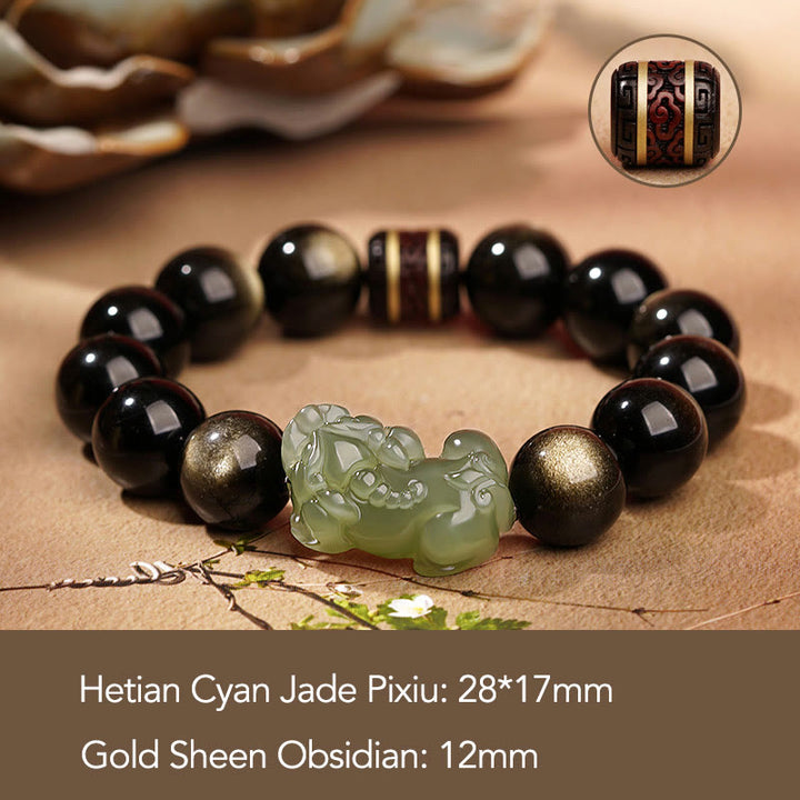 Buddha Stones Natural Gold Sheen Obsidian Hetian Cyan Jade White Jade PiXiu Wealth Bracelet - Gold Sheen Obsidian Cyan Jade Pixiu-12mm(Men) - image 2