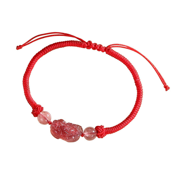 Buddha Stones Handmade Natural Silver Sheen Obsidian Strawberry Quartz PiXiu Protection Braided Bracelet - Strawberry Quartz(Love♥Healing)(Bracelet Size 22-24cm) - image 7