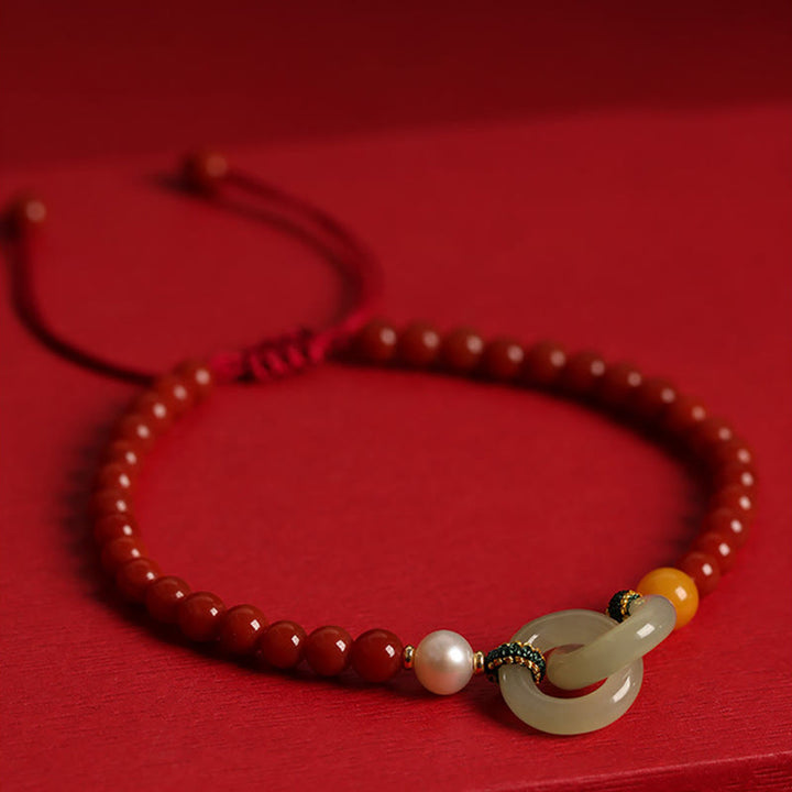 Buddha Stones Natural Red Agate Hetian Jade Double Peace Buckle Confidence Bracelet - image 3