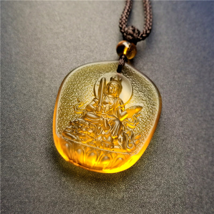 Buddha Stones Chinese Zodiac Natal Buddha Blessing Liuli Crystal Compassion Necklace Pendant - Rabbit-Manjushri Bodhisattva - image 4