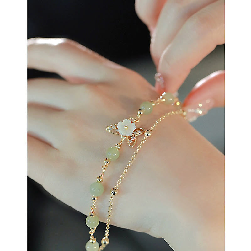 Buddha Stones 14K Gold Plated Jade Butterfly Tridacna Stone Flower Double Layer Luck Bracelet - image 7