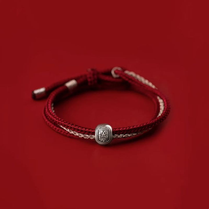 Buddha Stones 925 Sterling Silver Tibetan Zakiram Goddess of Wealth Luck Rope Bracelet - Dark Red Beige Rope(Wrist Circumference 15-18cm) - image 0