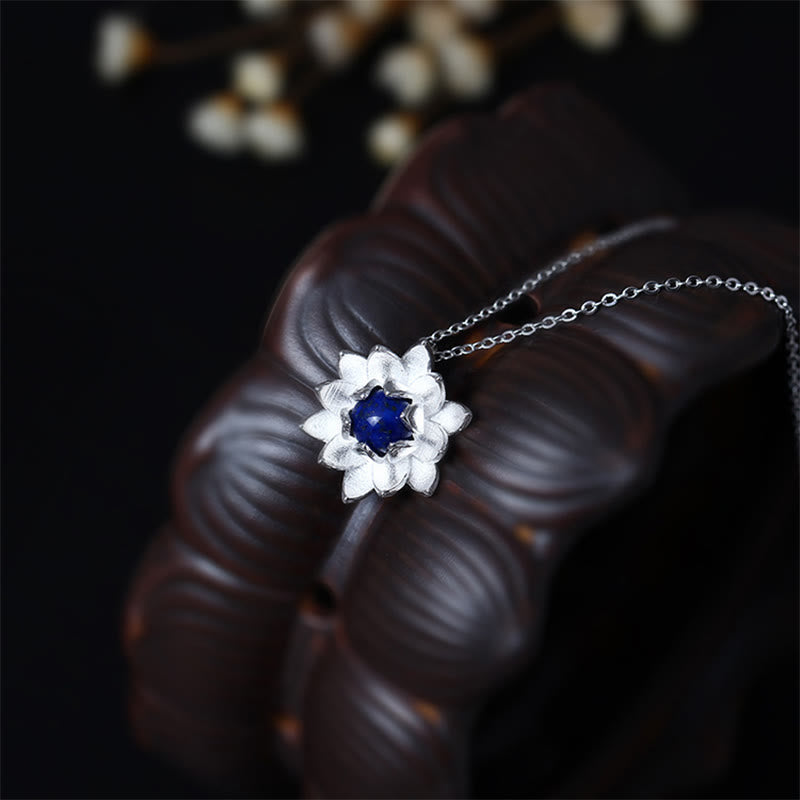 Buddha Stones 925 Sterling Silver Lazurite Lapis Lazuli Lotus Flower Self Care Necklace Pendant - image 2