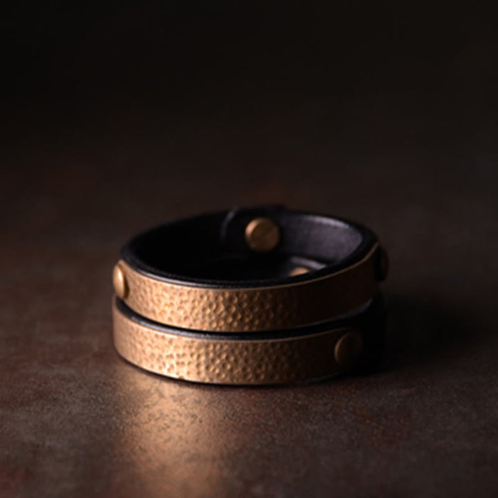 Buddha Stones Vintage Handmade Texture Copper Brass Leather Wealth Bracelet Bangle - image 18