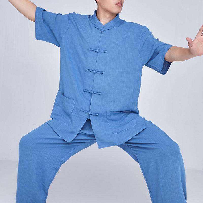 Buddha Stones Meditation Zen Prayer Spiritual Tai Chi Qigong Practice Unisex Embroidery Clothing Set - Short Sleeve Blue - US14，UK/AU18，EU46 (3XL) - image 34