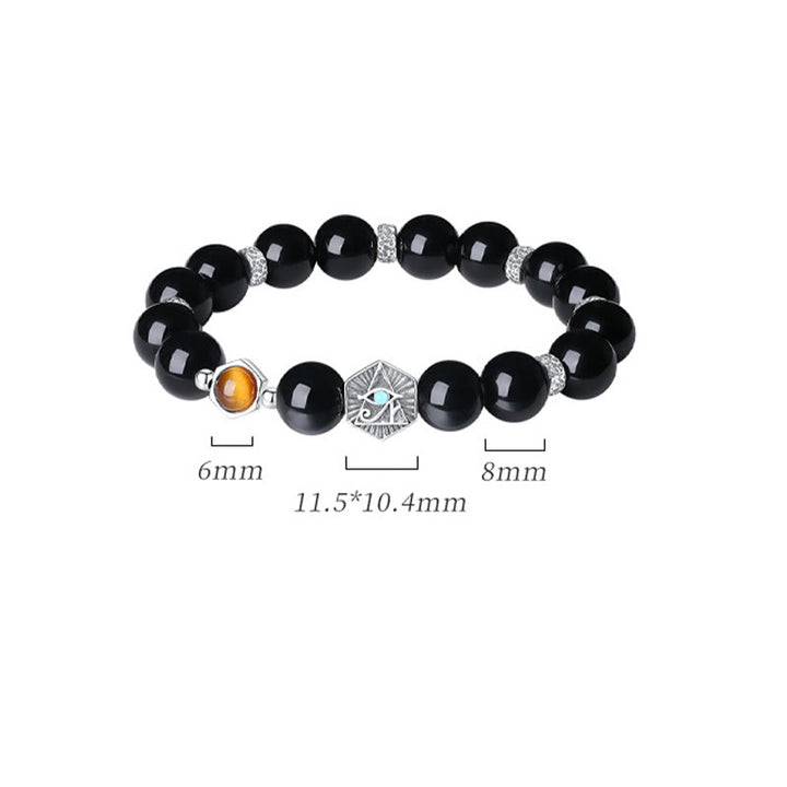 Buddha Stones 925 Sterling Silver Black Obsidian Tiger Eye Eye of Providence Purification Bracelet - image 12