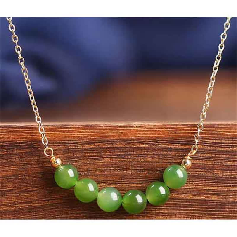 14k Gold Plated Hetian Cyan Jade Beaded Luck Necklace Pendant - image 5