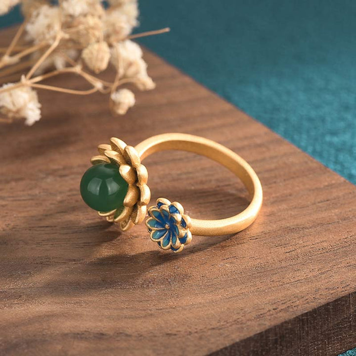 Buddha Stones Lotus Pattern Jade Abundance Adjustable Ring - image 2