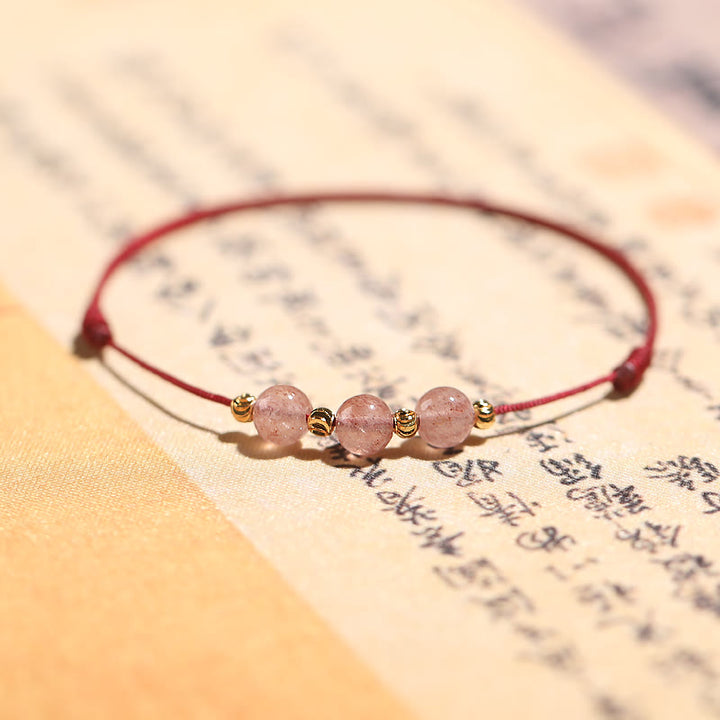 Buddha Stones Natural Strawberry Quartz Crystal Love Red String Weave Bracelet Anklet - Dark Red Bracelet(Wrist Circumference 14-22cm) - image 17