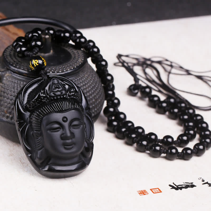 Buddha Stones Natural Black Obsidian Kwan Yin Avalokitesvara Strength String Necklace Pendant - Black Obsidian(Purification♥Transformation) - image 0