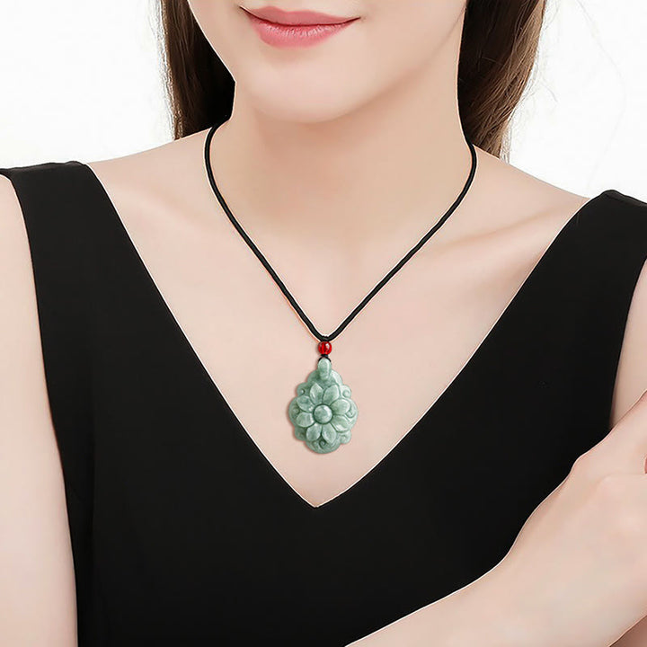 Buddha Stones Natural Jade Kalanchoe blossfeldiana Flower Pattern Luck Necklace Pendant - image 6