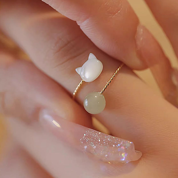 Buddha Stones Tridacna Stone Cat Head Jade Bead Blessing Ring - image 5