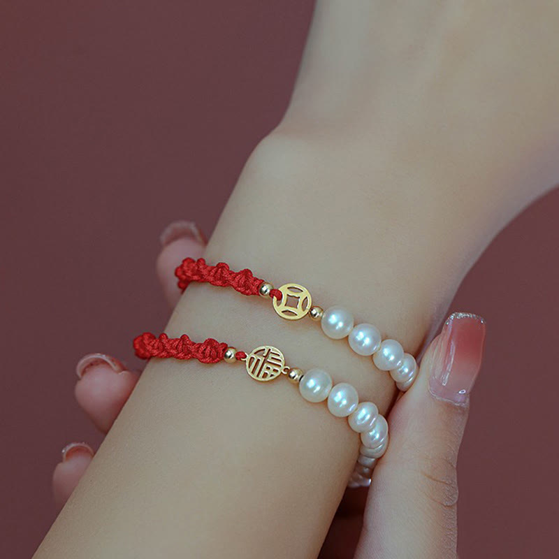 Buddha Stones 14K Gold Plated Pearl Bead Luck Protection Braid Red String Bracelet - image 1