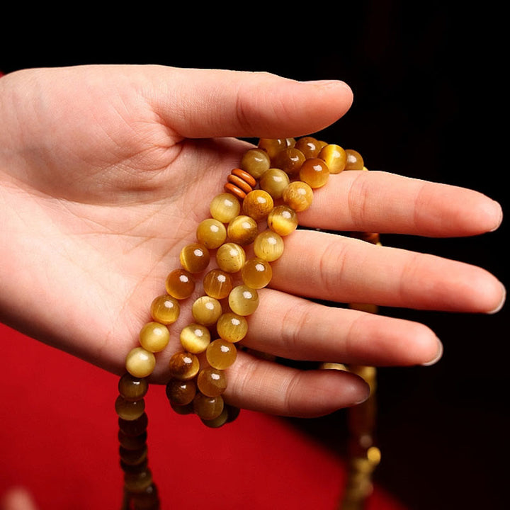 Buddha Stones 108 Mala Beads Natural Tiger Eye Copper Dorje Protection Tassel Bracelet - image 17